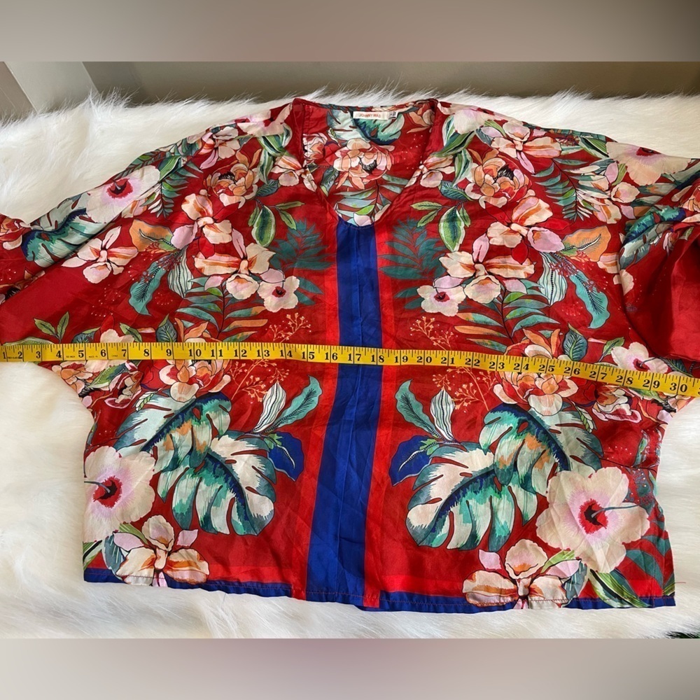 Johnny Was Evy Silk Floral V-Neck Blouse - Red and Blue - Picture 8 of 10